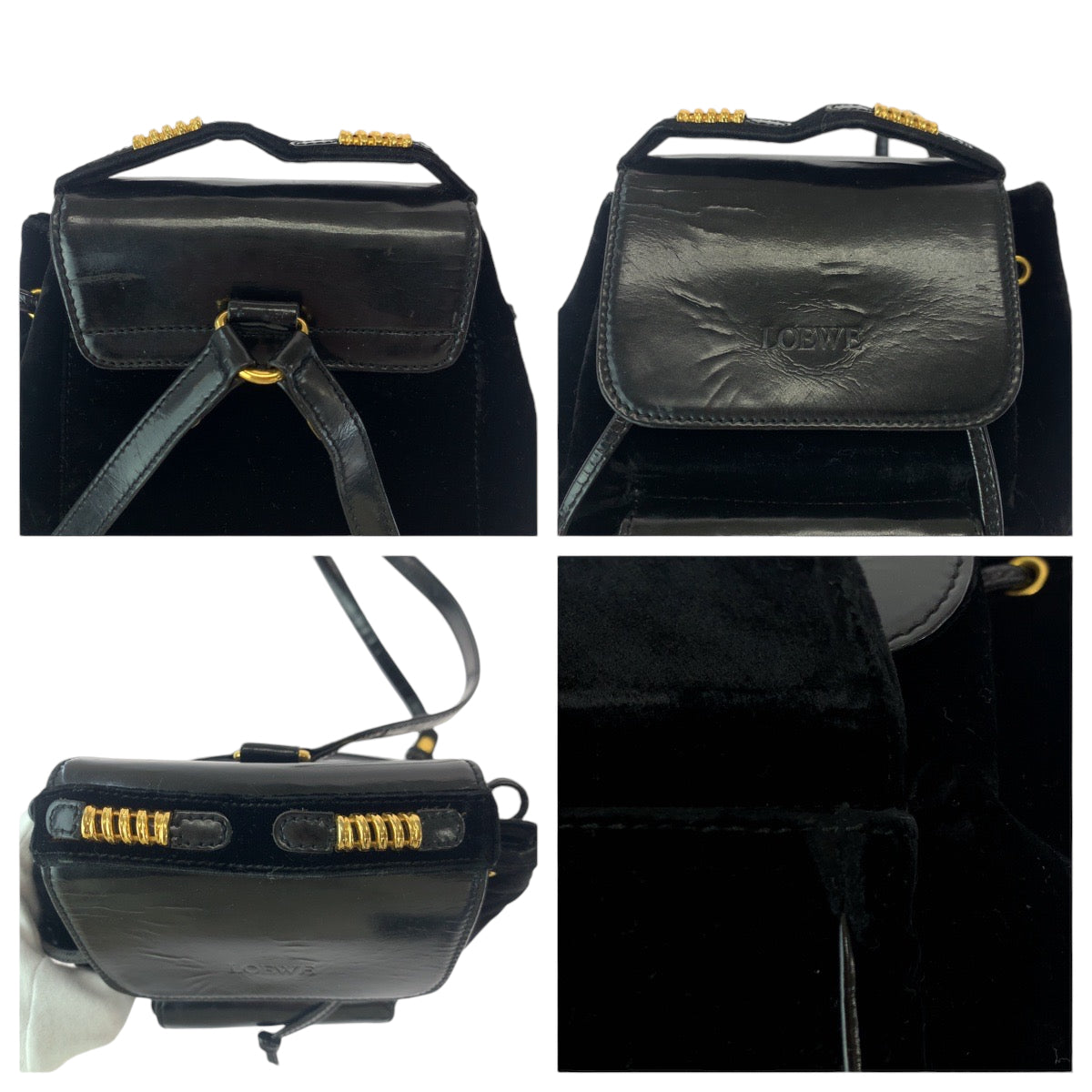 18822
LOEWE ロエベ ヴィンテージ ベラスケス ロゴ ブラック 黒 ゴールド金具 パテントレザー / スウェード リュックサック バックパック  レディース AB35
