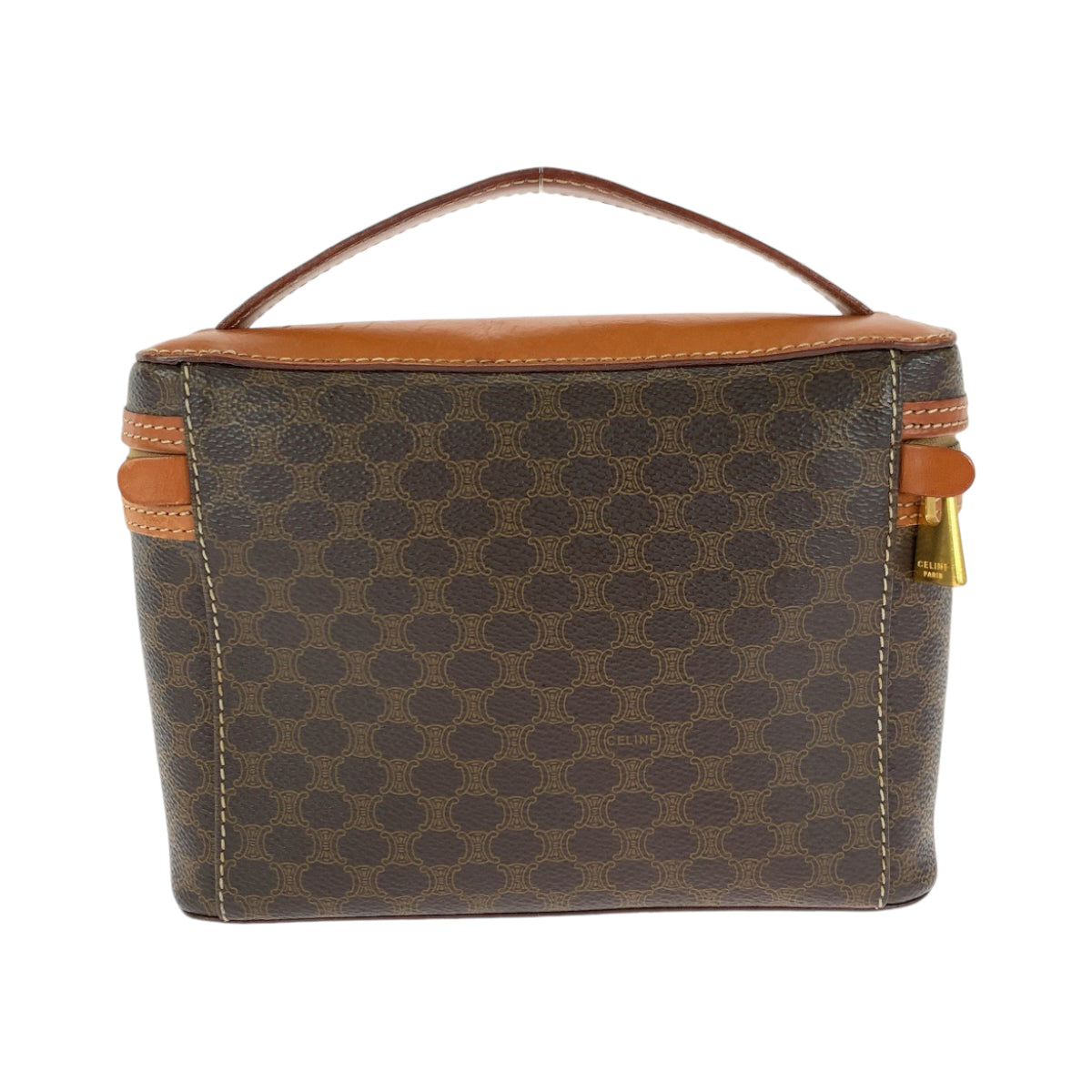 18828
CELINE セリーヌ ヴィンテージ マカダム柄 ブラウン ゴールド金具 PVC M95 ハンドバッグ バニティバッグ レディース AB26