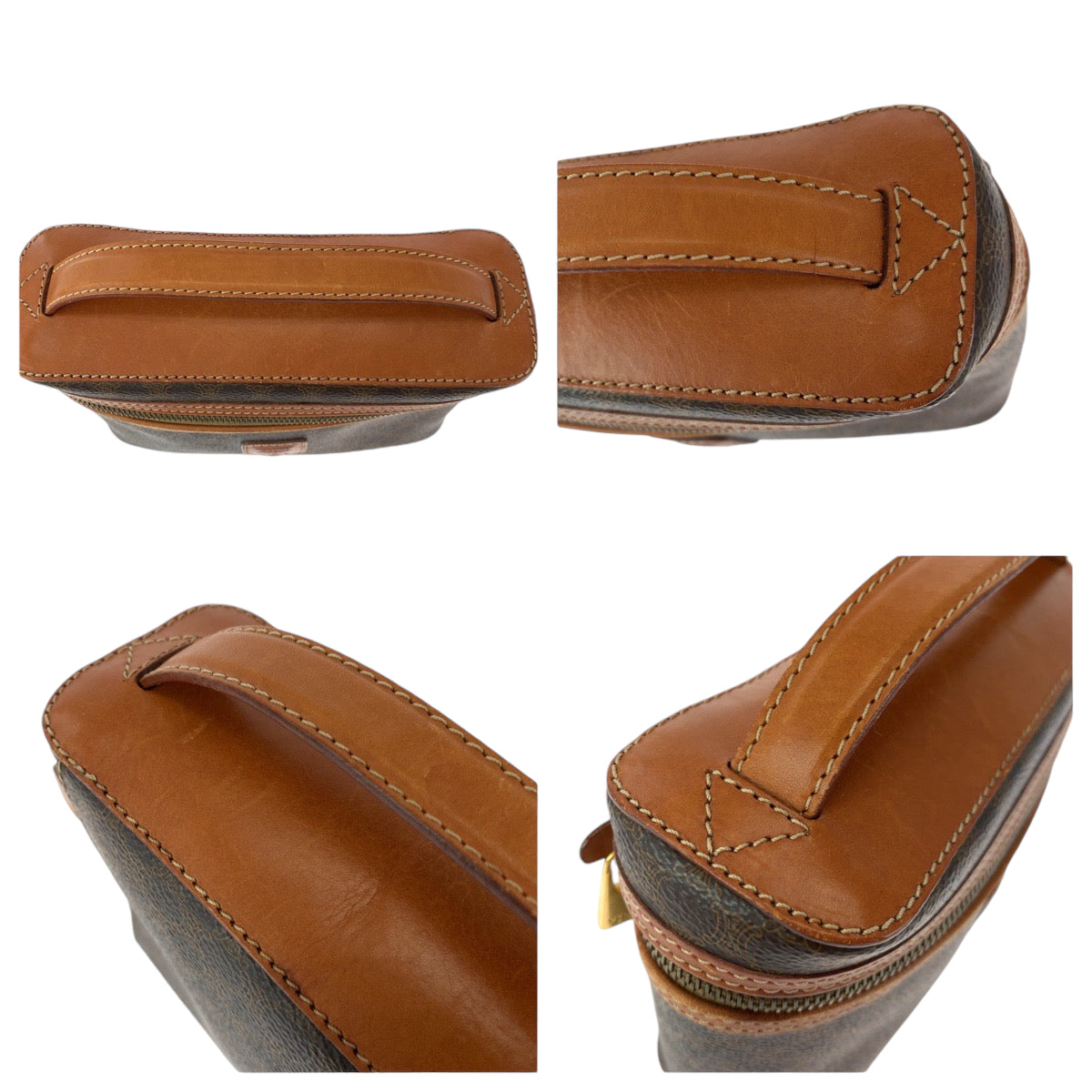 18828
CELINE セリーヌ ヴィンテージ マカダム柄 ブラウン ゴールド金具 PVC M95 ハンドバッグ バニティバッグ レディース AB26