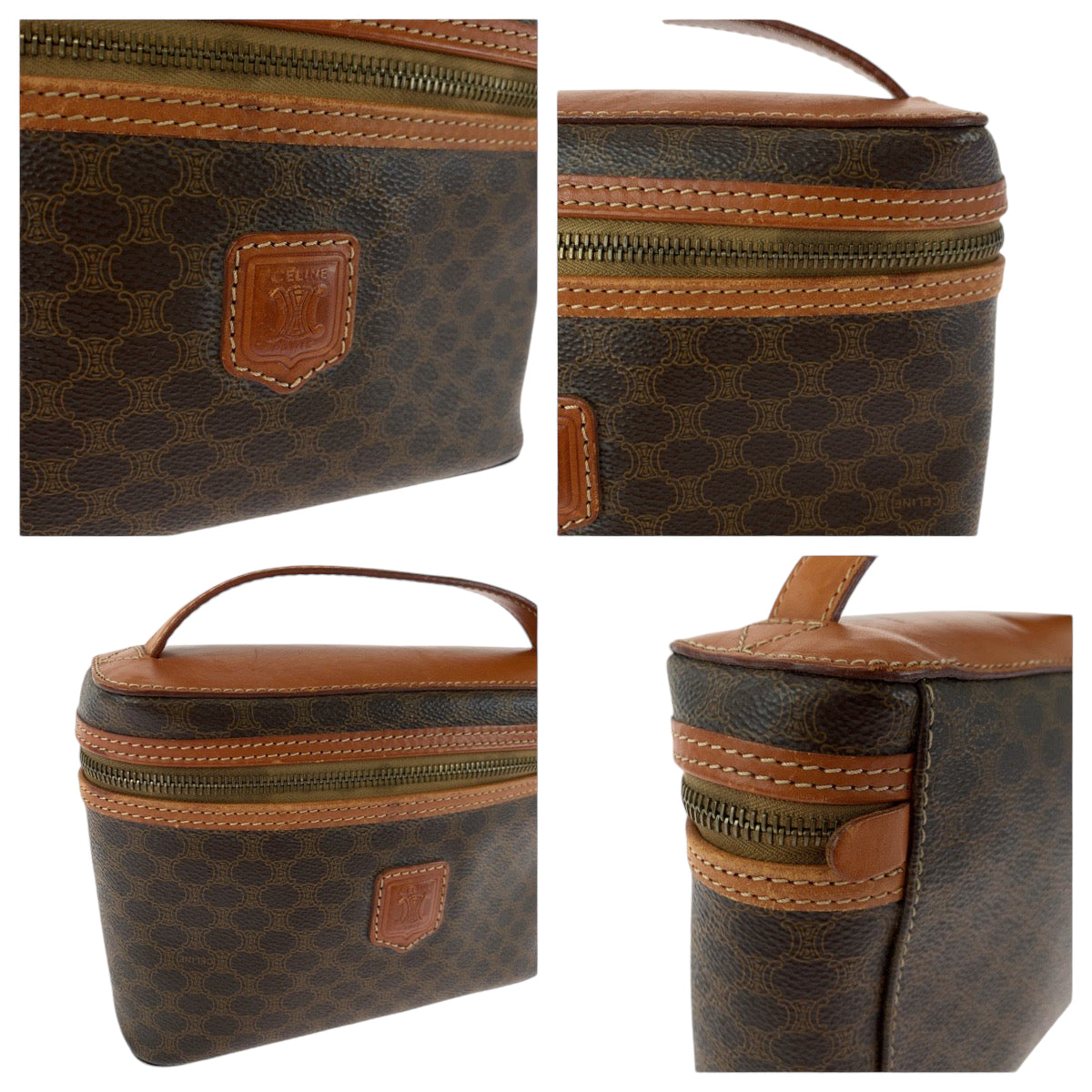 18828
CELINE セリーヌ ヴィンテージ マカダム柄 ブラウン ゴールド金具 PVC M95 ハンドバッグ バニティバッグ レディース AB26