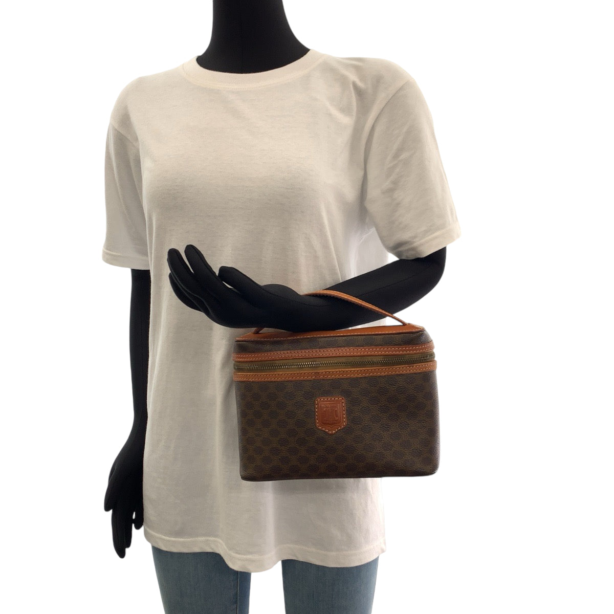18828
CELINE セリーヌ ヴィンテージ マカダム柄 ブラウン ゴールド金具 PVC M95 ハンドバッグ バニティバッグ レディース AB26