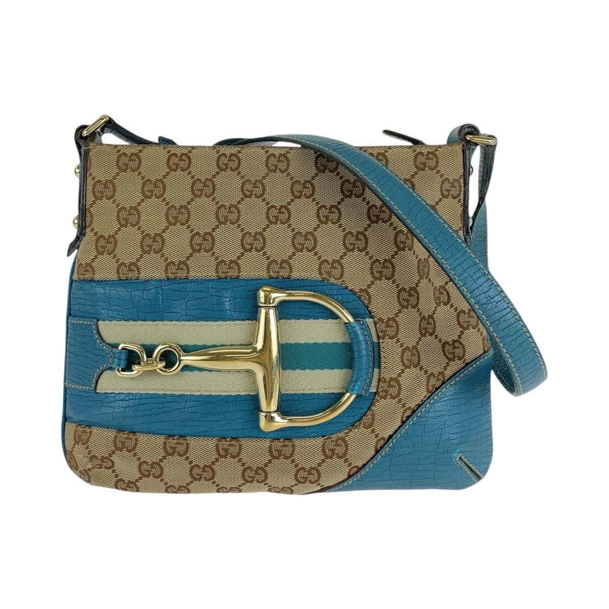 18833
GUCCI グッチ シェリーライン ホースビット ライトブルー ベージュ ゴールド金具 GGキャンバス / レザー ショルダーバッグ ポシェット  レディース AB40