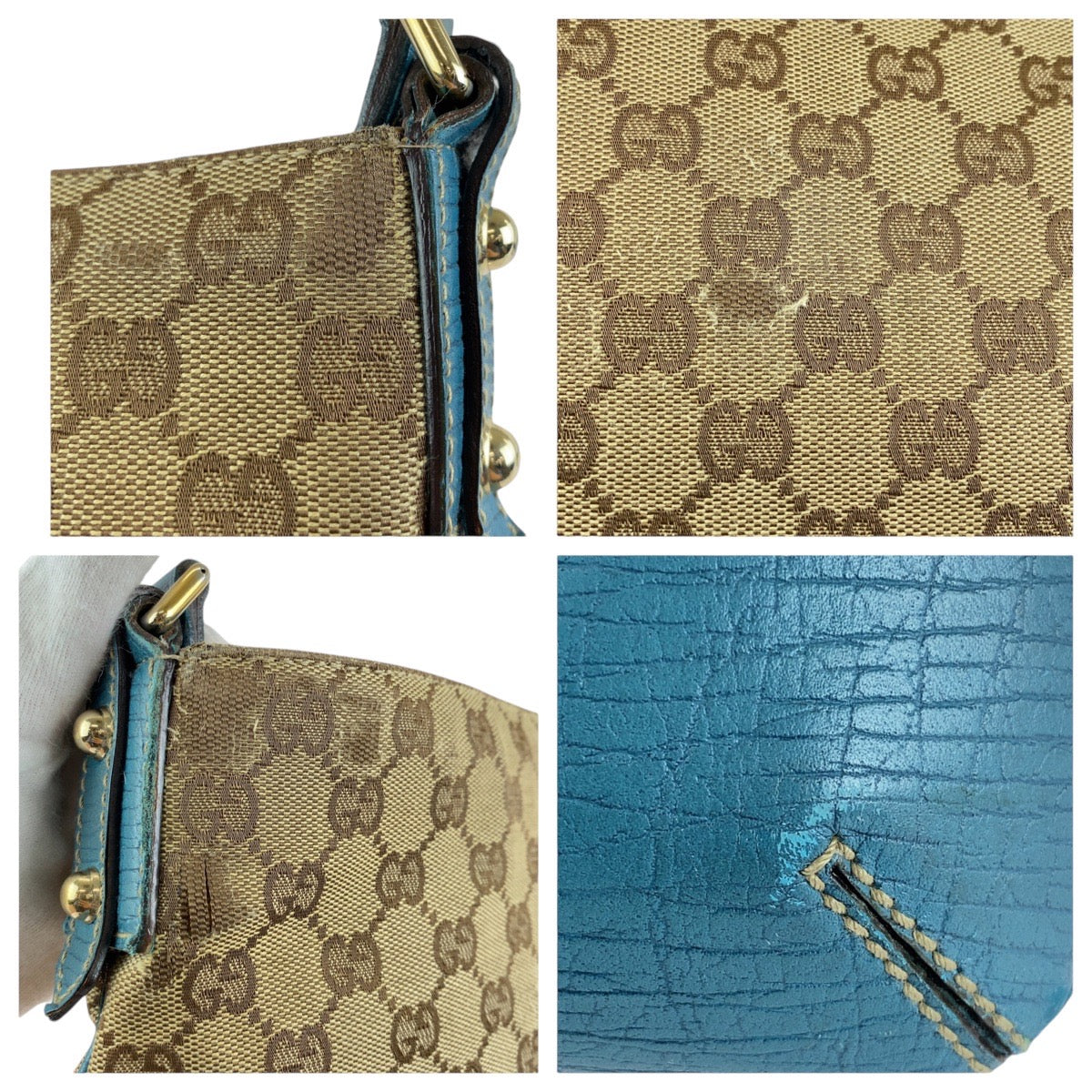 18833
GUCCI グッチ シェリーライン ホースビット ライトブルー ベージュ ゴールド金具 GGキャンバス / レザー ショルダーバッグ ポシェット  レディース AB40