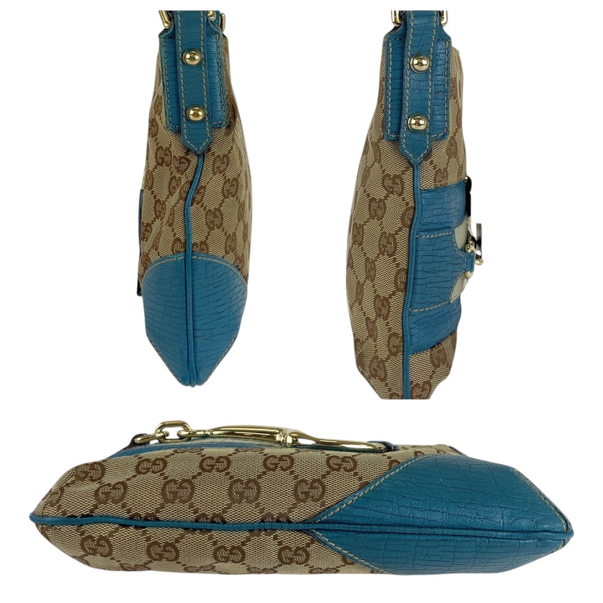18833
GUCCI グッチ シェリーライン ホースビット ライトブルー ベージュ ゴールド金具 GGキャンバス / レザー ショルダーバッグ ポシェット  レディース AB40
