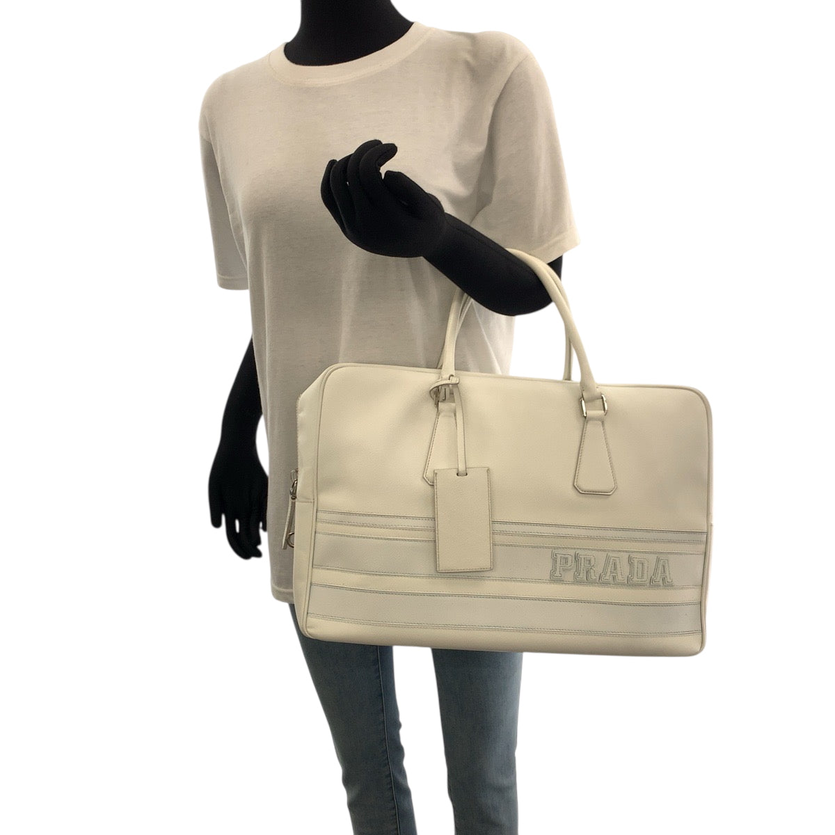 18845
PRADA プラダ サフィアーノ ロゴ ホワイト シルバー金具 レザー ビジネスバッグ ハンドバッグ  レディース ABP65