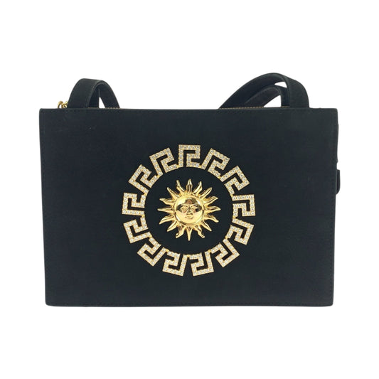 18852
VERSACE ヴェルサーチ ヴィンテージ サンバースト ブラック 黒 ゴールド金具 スウェード ショルダーバッグ トートバッグ レディース A90