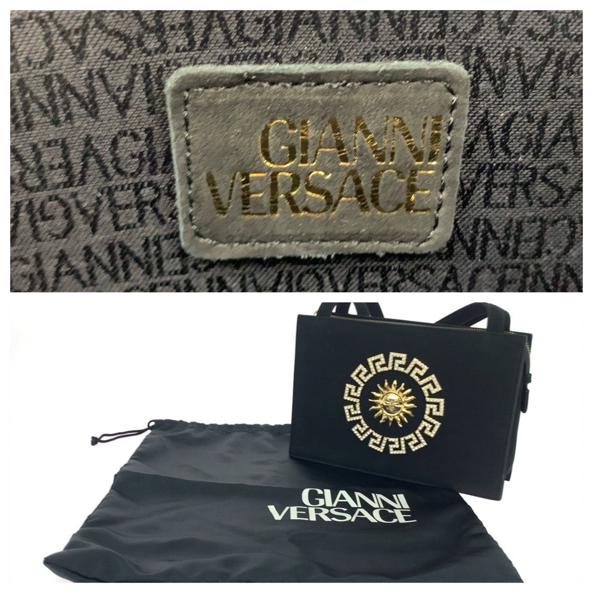18852
VERSACE ヴェルサーチ ヴィンテージ サンバースト ブラック 黒 ゴールド金具 スウェード ショルダーバッグ トートバッグ レディース A90