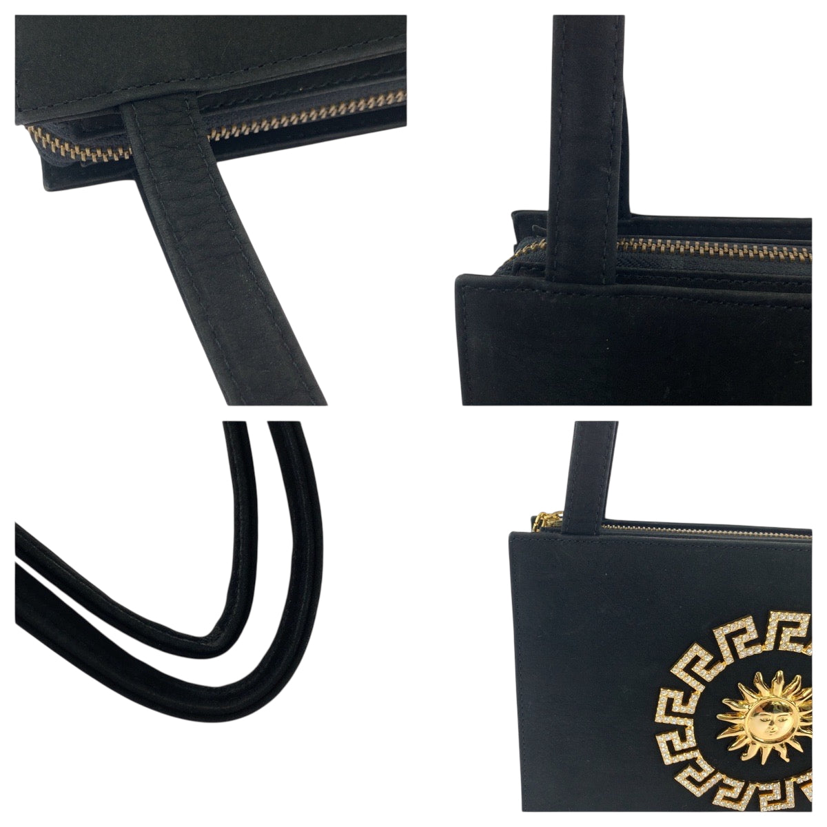 18852
VERSACE ヴェルサーチ ヴィンテージ サンバースト ブラック 黒 ゴールド金具 スウェード ショルダーバッグ トートバッグ レディース A90