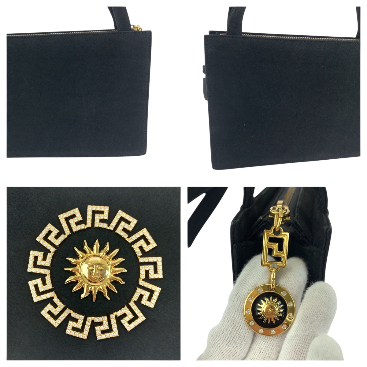 18852
VERSACE ヴェルサーチ ヴィンテージ サンバースト ブラック 黒 ゴールド金具 スウェード ショルダーバッグ トートバッグ レディース A90