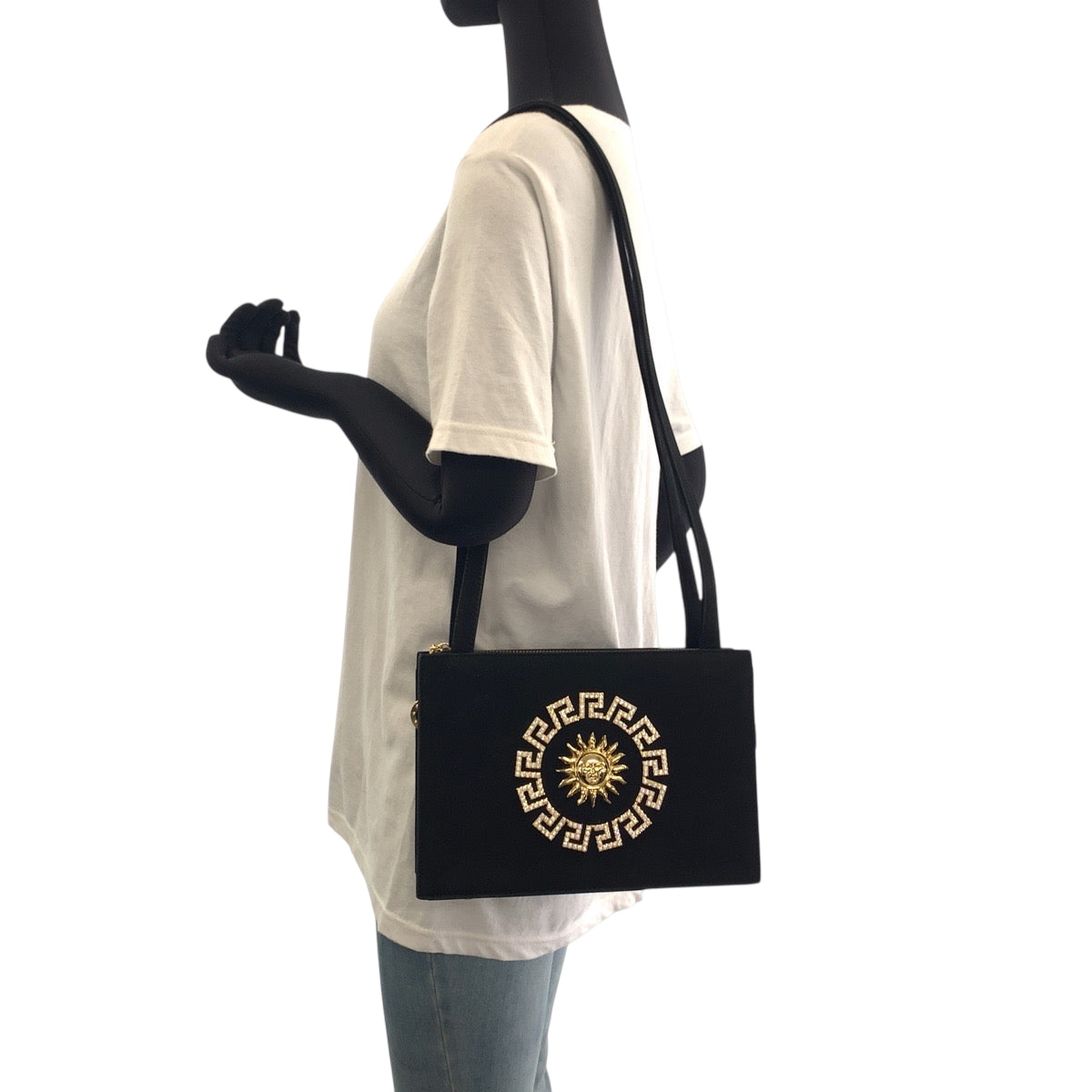 18852
VERSACE ヴェルサーチ ヴィンテージ サンバースト ブラック 黒 ゴールド金具 スウェード ショルダーバッグ トートバッグ レディース A90