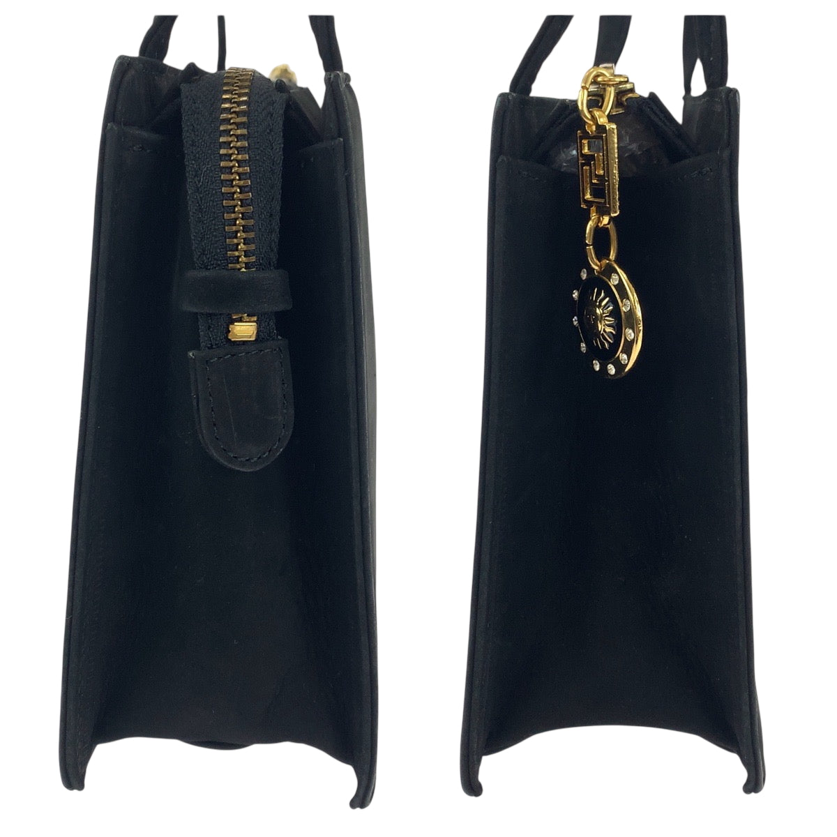18852
VERSACE ヴェルサーチ ヴィンテージ サンバースト ブラック 黒 ゴールド金具 スウェード ショルダーバッグ トートバッグ レディース A90