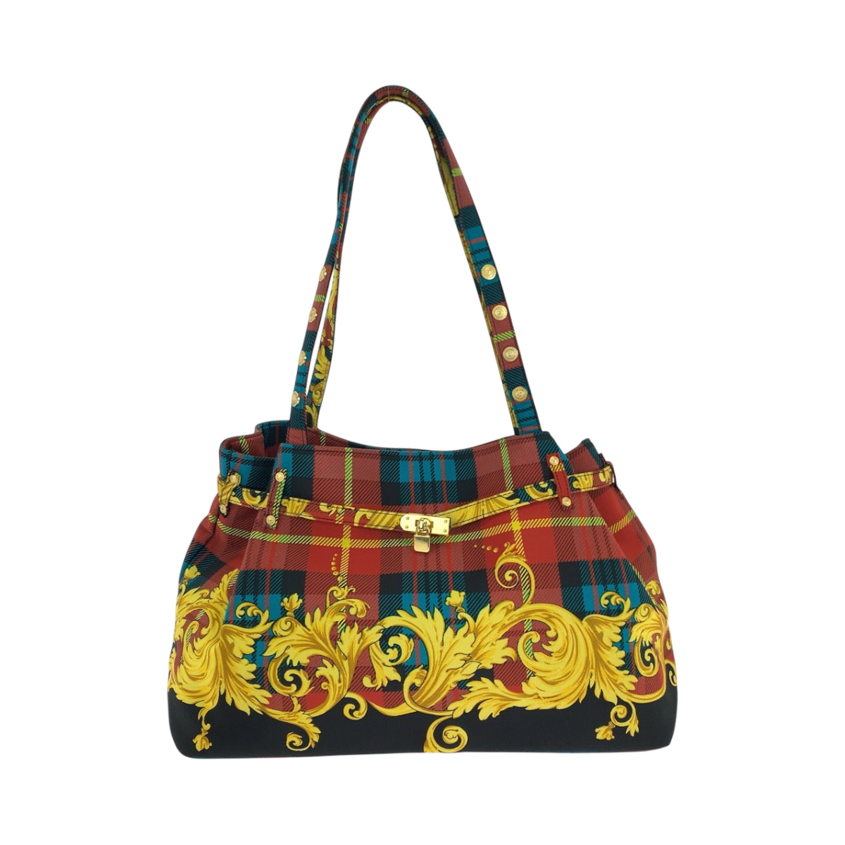 18853
VERSACE ヴェルサーチ ヴィンテージ バロック柄 マルチカラー ゴールド金具 コットン トートバッグ ショルダーバッグ レディース A78