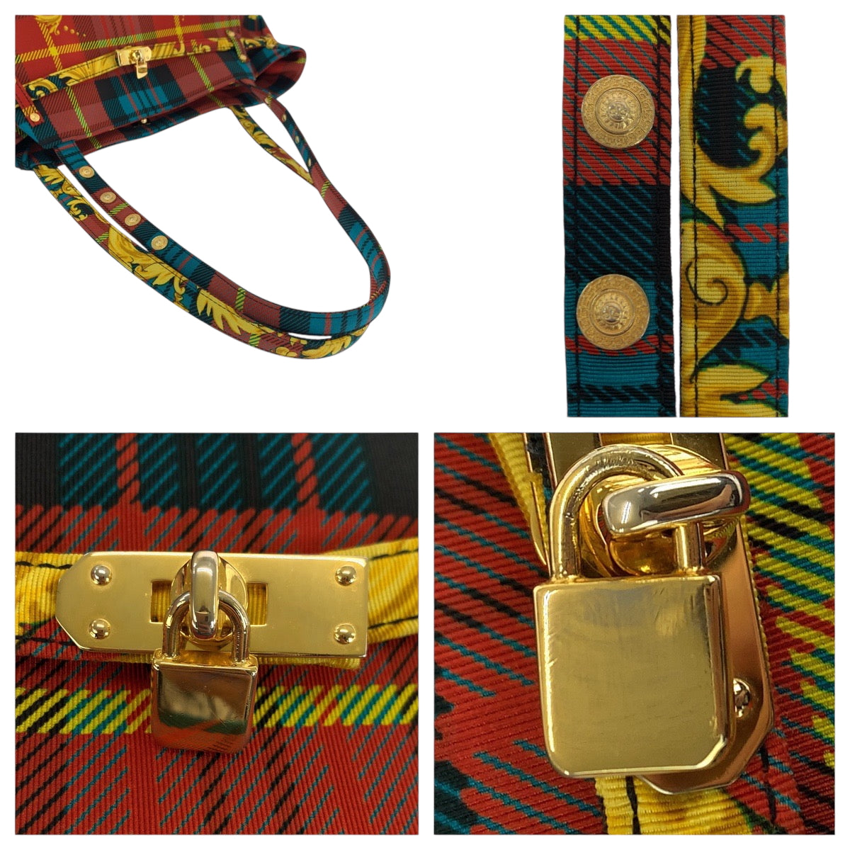 18853
VERSACE ヴェルサーチ ヴィンテージ バロック柄 マルチカラー ゴールド金具 コットン トートバッグ ショルダーバッグ レディース A78