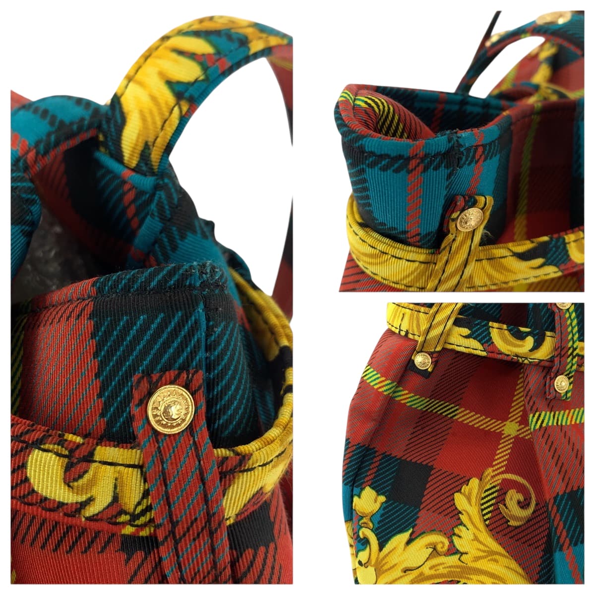 18853
VERSACE ヴェルサーチ ヴィンテージ バロック柄 マルチカラー ゴールド金具 コットン トートバッグ ショルダーバッグ レディース A78