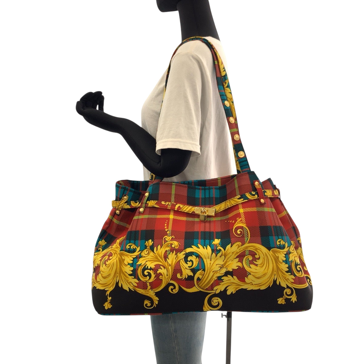 18853
VERSACE ヴェルサーチ ヴィンテージ バロック柄 マルチカラー ゴールド金具 コットン トートバッグ ショルダーバッグ レディース A78