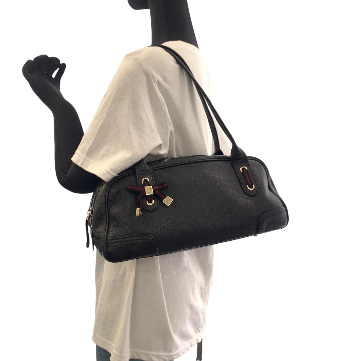 18847
GUCCI Sherry Line Princy Black Gold Hardware Leather 16120 Handbag Shoulder Bag Ladies A58