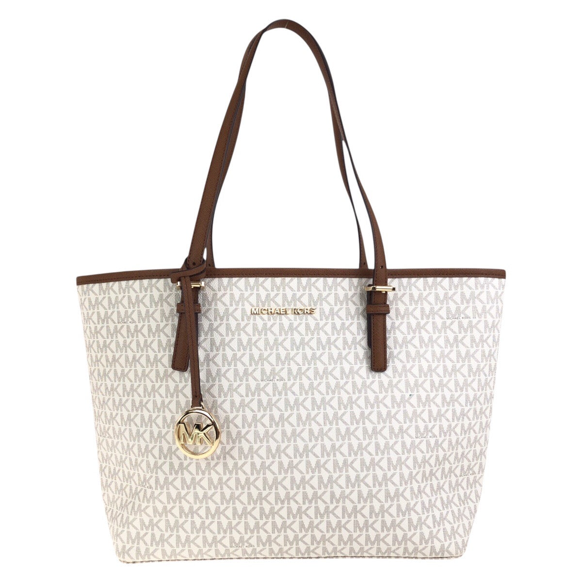 18858
Michael Kors マイケルコース ホワイト ブラウン ゴールド金具 PVC トートバッグ ショルダーバッグ レディース SA12
