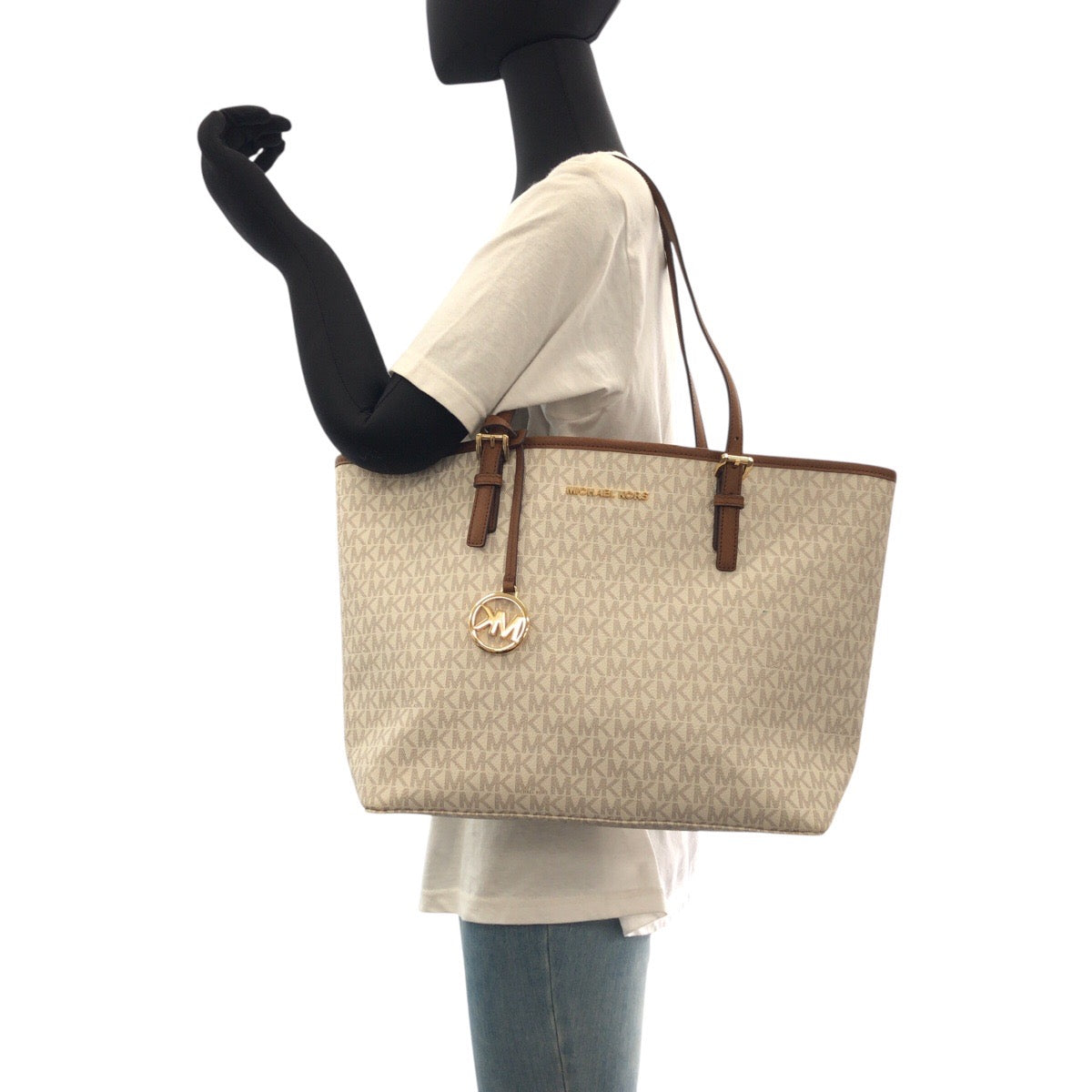 18858
Michael Kors マイケルコース ホワイト ブラウン ゴールド金具 PVC トートバッグ ショルダーバッグ レディース SA12