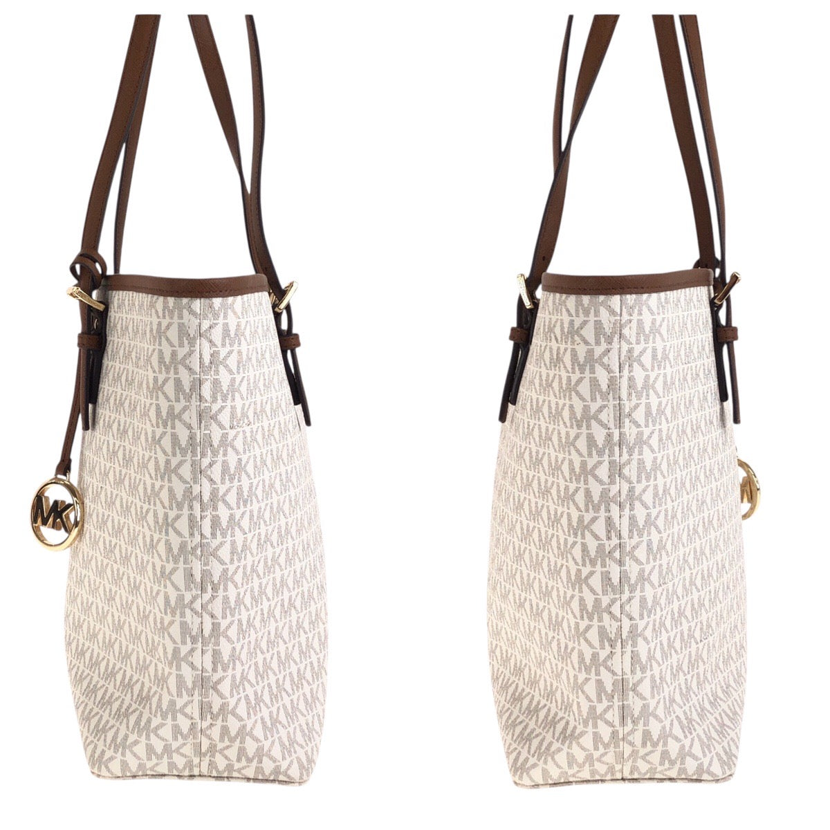 18858
Michael Kors マイケルコース ホワイト ブラウン ゴールド金具 PVC トートバッグ ショルダーバッグ レディース SA12