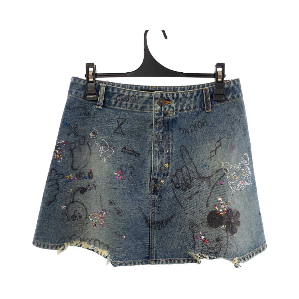 18860
BALENCIAGA バレンシアガ グラフィック プリント ラインストーン サイズ36 ブルー マルチカラー シルバー金具 デニム ミニスカート レディース A54