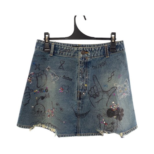 18860
BALENCIAGA バレンシアガ グラフィック プリント ラインストーン サイズ36 ブルー マルチカラー シルバー金具 デニム ミニスカート レディース A54