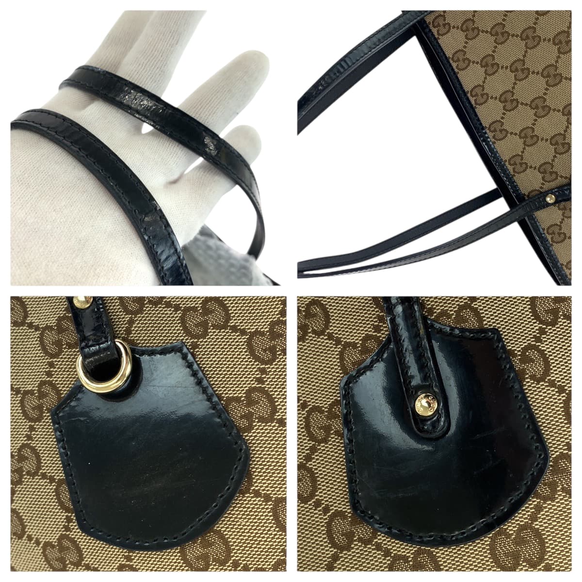 18862
GUCCI グッチ ベージュ ブラック ゴールド金具 GGキャンバス / パテントレザー 211976 トートバッグ ショルダーバッグ  レディース AB28