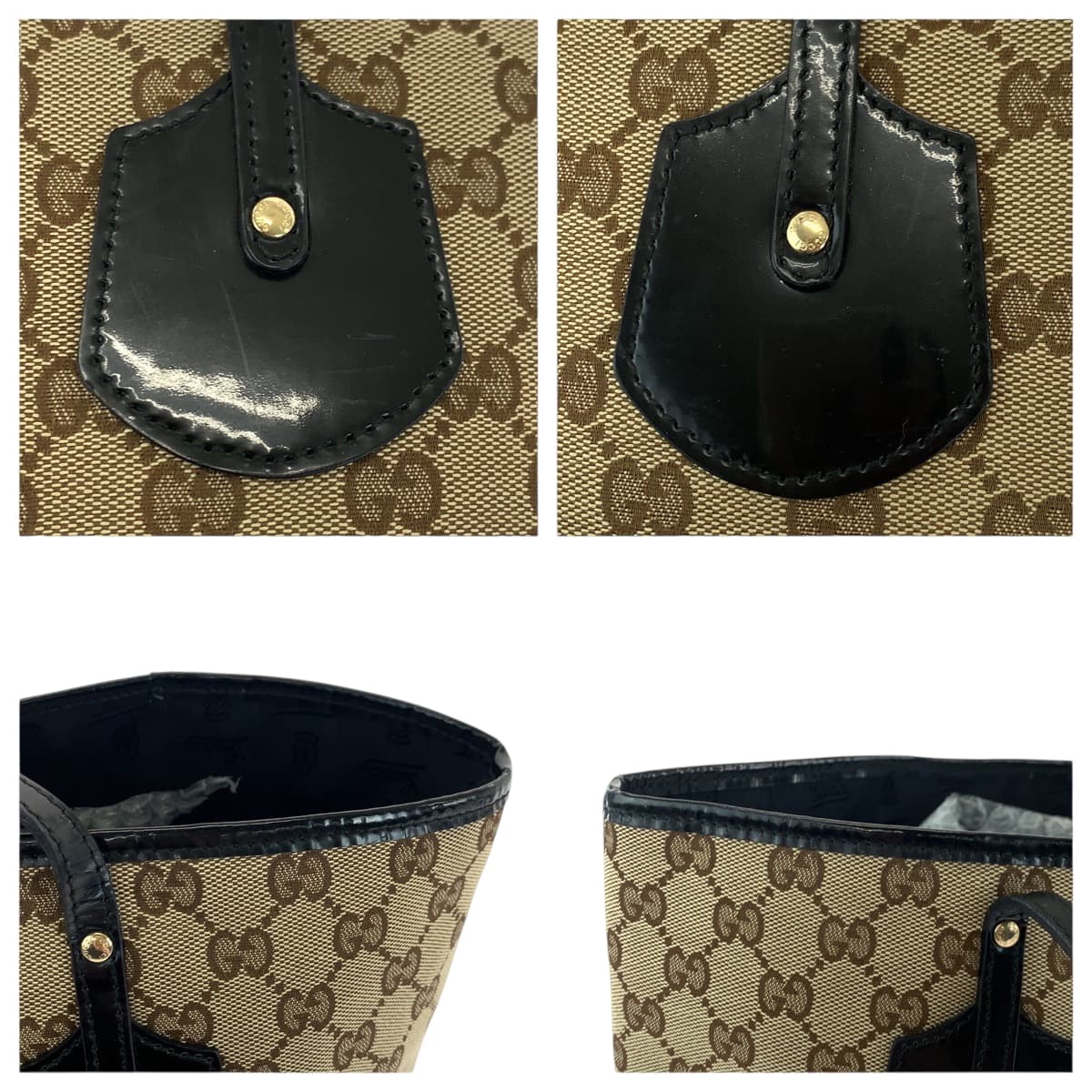 18862
GUCCI グッチ ベージュ ブラック ゴールド金具 GGキャンバス / パテントレザー 211976 トートバッグ ショルダーバッグ  レディース AB28