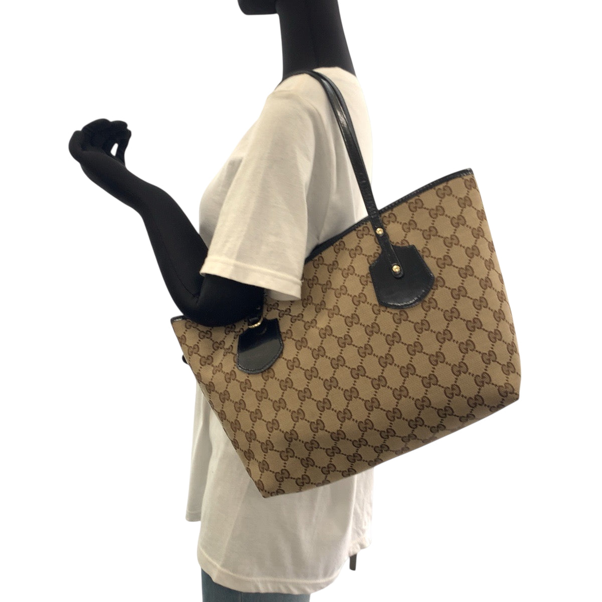 18862
GUCCI グッチ ベージュ ブラック ゴールド金具 GGキャンバス / パテントレザー 211976 トートバッグ ショルダーバッグ  レディース AB28