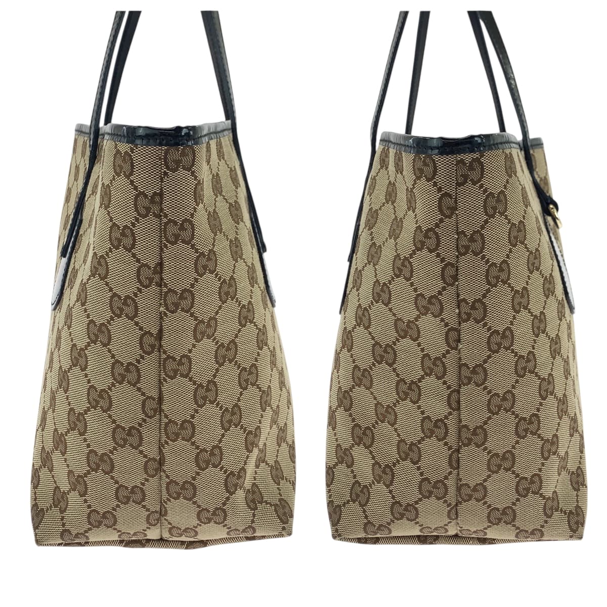 18862
GUCCI グッチ ベージュ ブラック ゴールド金具 GGキャンバス / パテントレザー 211976 トートバッグ ショルダーバッグ  レディース AB28