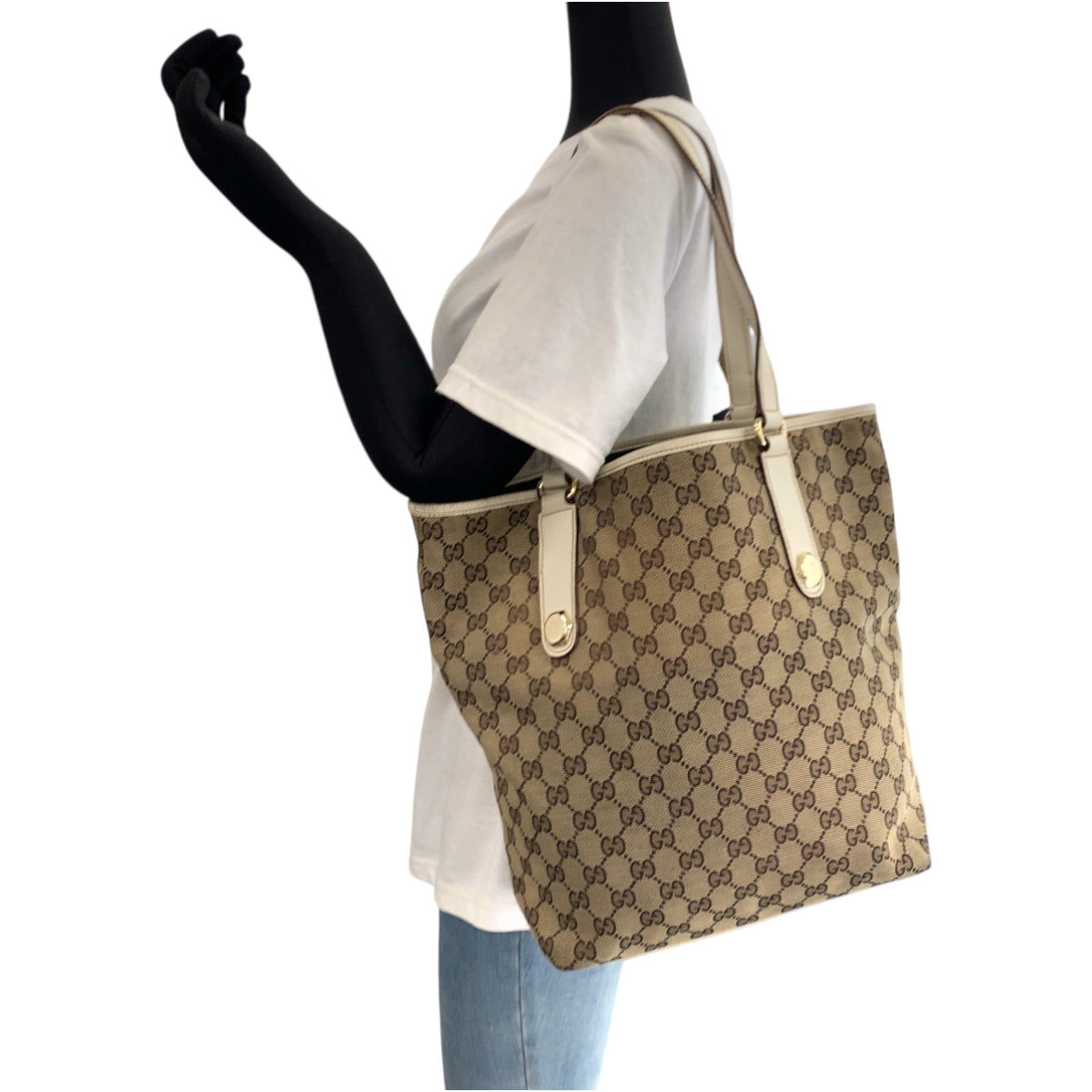 18871
GUCCI グッチ ベージュ ホワイト ゴールド金具 GGキャンバス 153009 トートバッグ ショルダーバッグ  レディース AB