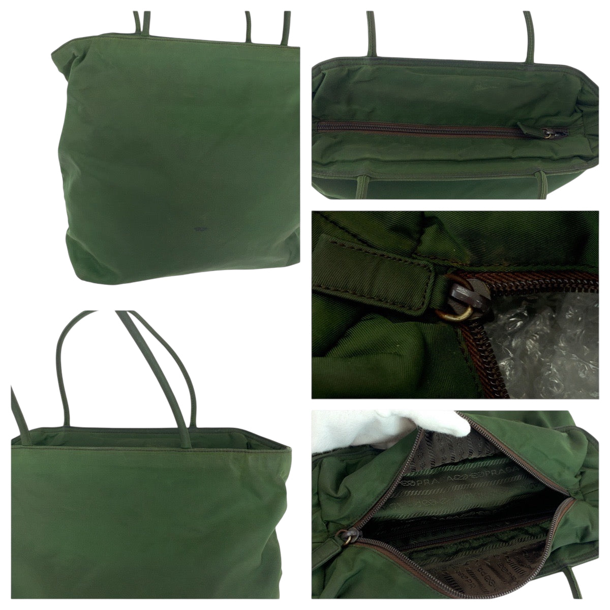 18876
PRADA プラダ テスート 三角ロゴプレート カーキ シルバー金具 ナイロン トートバッグ ハンドバッグ  レディース AB