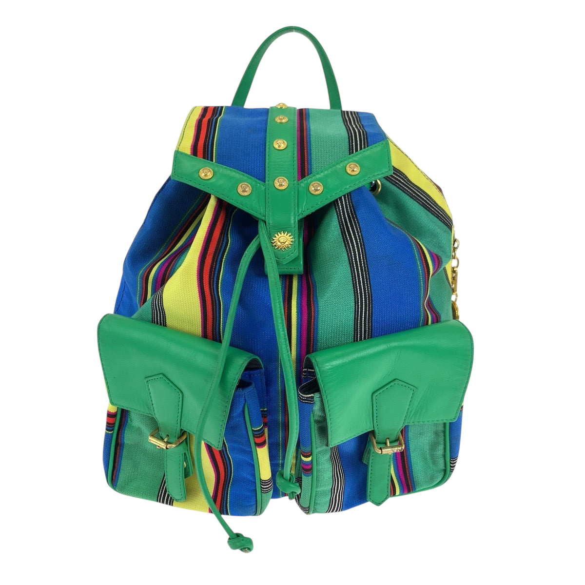 18891
VERSACE ヴェルサーチ ヴィンテージ グリーン マルチカラー ゴールド金具 キャンバス リュックサック バックパック レディース AB52