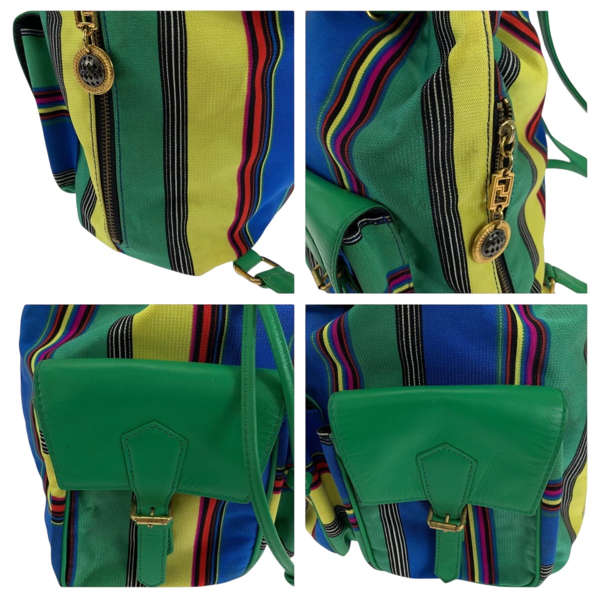 18891
VERSACE ヴェルサーチ ヴィンテージ グリーン マルチカラー ゴールド金具 キャンバス リュックサック バックパック レディース AB52