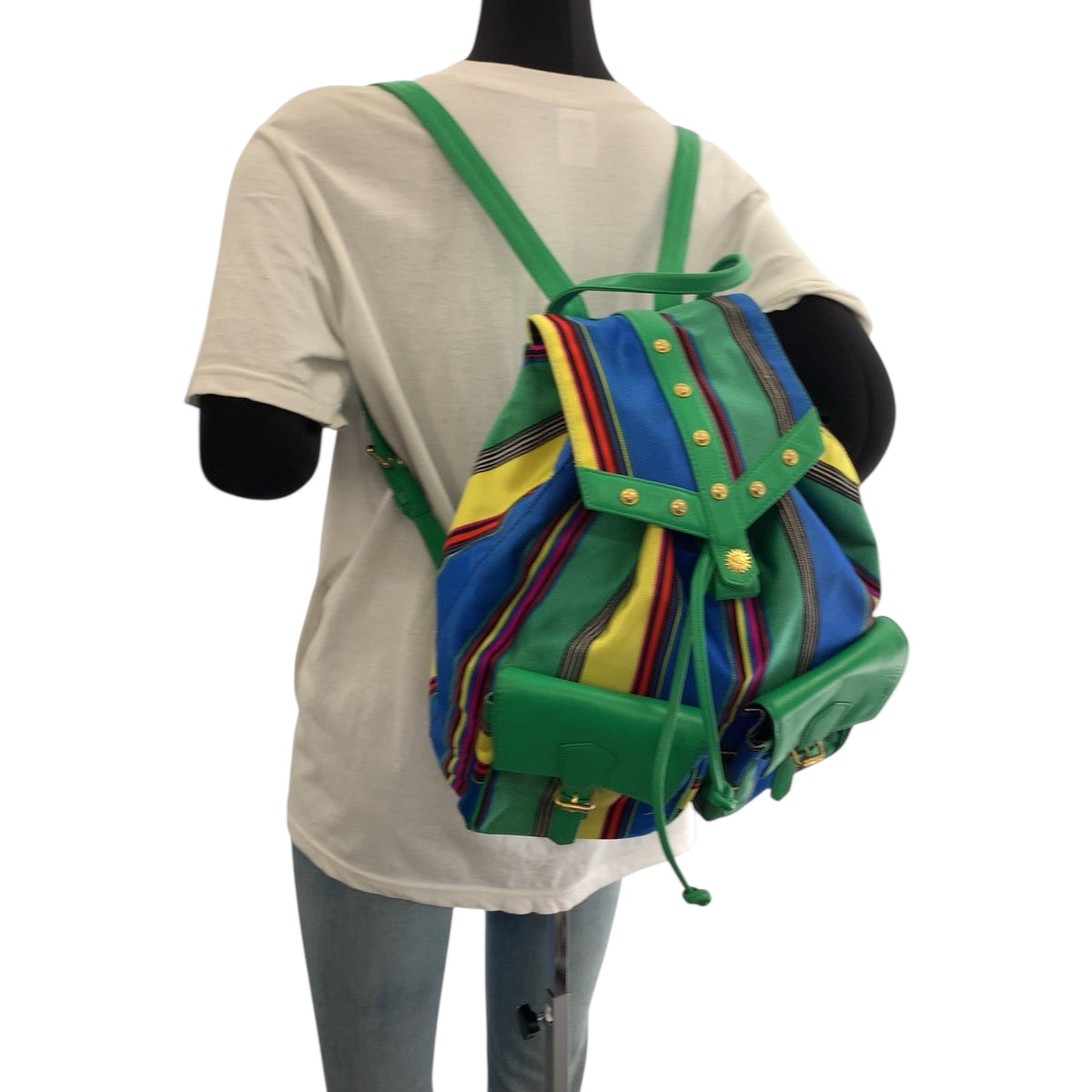 18891
VERSACE ヴェルサーチ ヴィンテージ グリーン マルチカラー ゴールド金具 キャンバス リュックサック バックパック レディース AB52