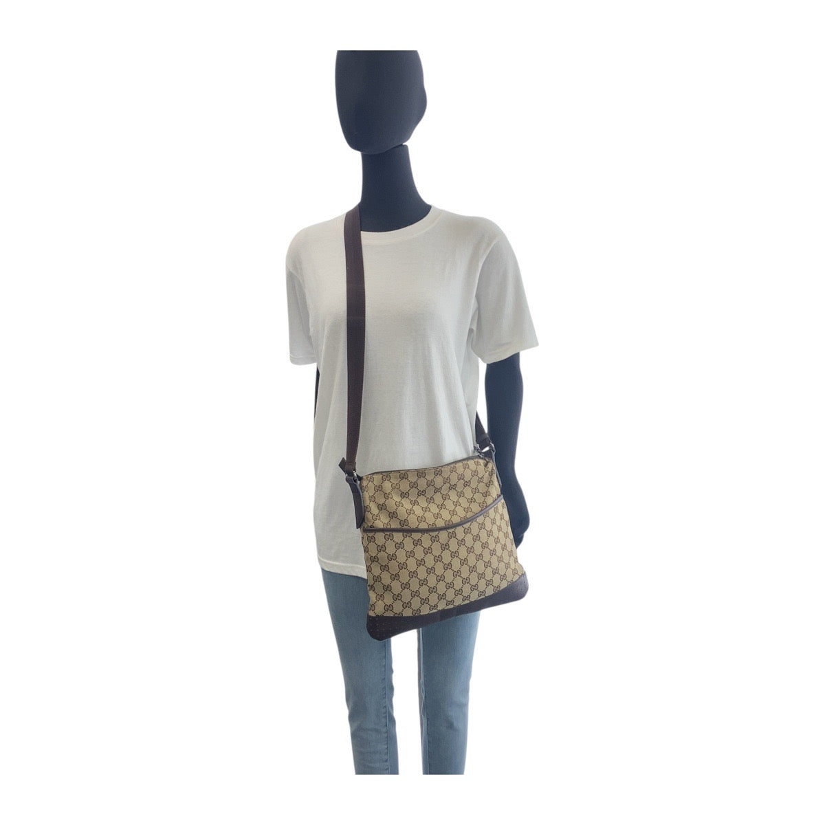 18897
GUCCI グッチ ベージュ ブラウン シルバー金具 GGキャンバス / レザー 145857 斜め掛け ショルダーバッグ  レディース AB27