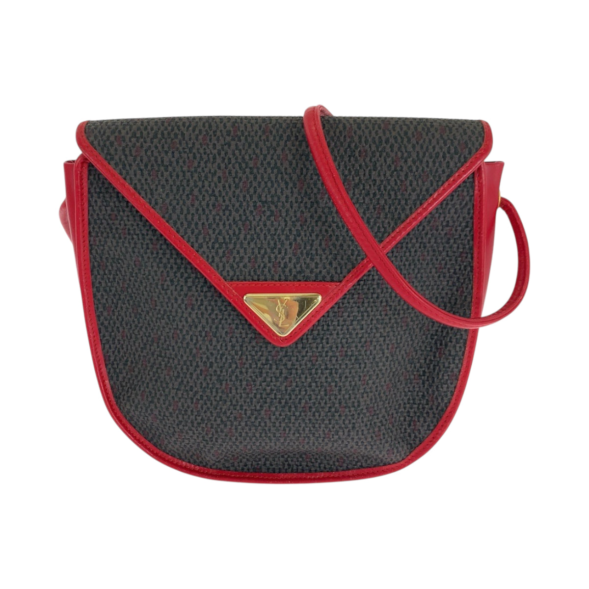 18907
YVES SAINT LAURENT イヴ サンローラン ヴィンテージ YSLロゴ レッド パープル ゴールド金具 レザー / キャンバス ショルダーバッグ 斜め掛け レディース A38