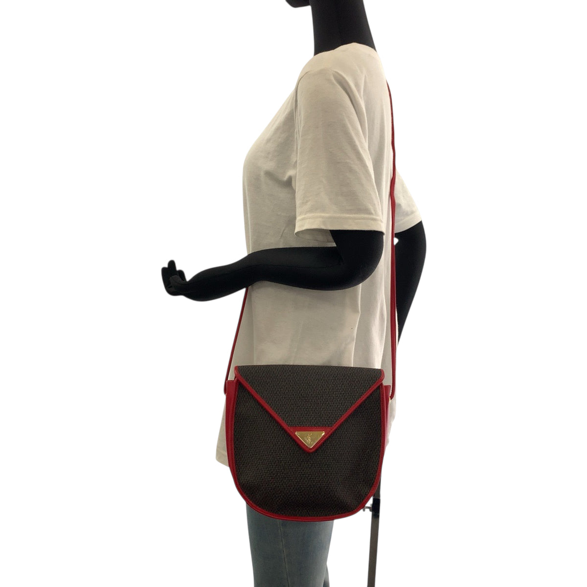 18907
YVES SAINT LAURENT イヴ サンローラン ヴィンテージ YSLロゴ レッド パープル ゴールド金具 レザー / キャンバス ショルダーバッグ 斜め掛け レディース A38
