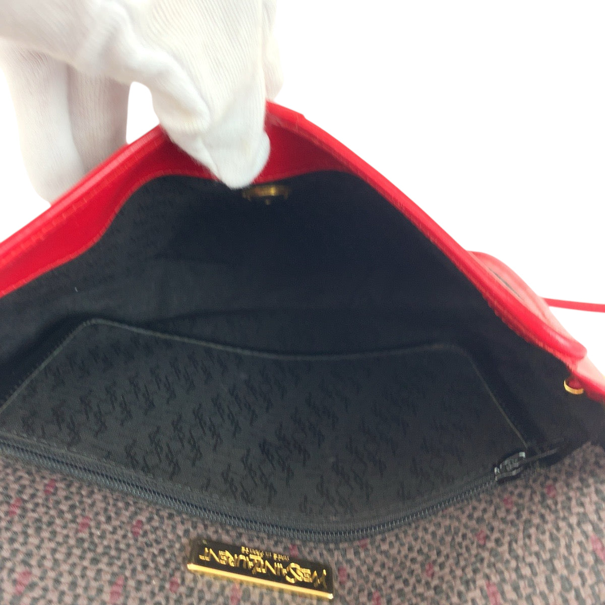 18907
YVES SAINT LAURENT イヴ サンローラン ヴィンテージ YSLロゴ レッド パープル ゴールド金具 レザー / キャンバス ショルダーバッグ 斜め掛け レディース A38