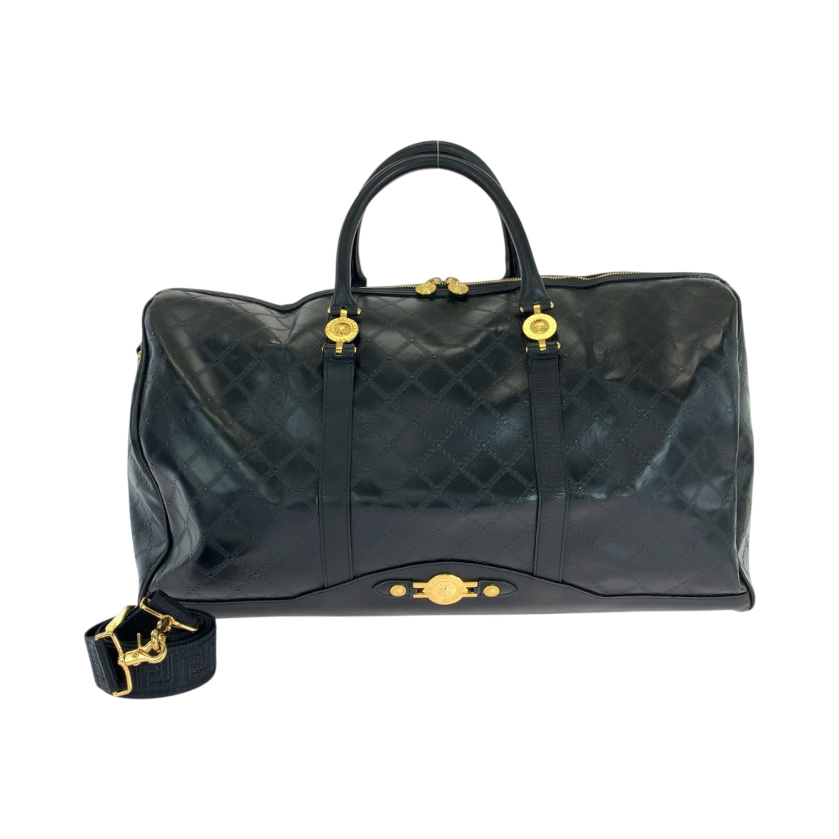18912
VERSACE ヴェルサーチ ヴィンテージ サンバースト ブラック 黒 ゴールド金具 レザー ボストンバッグ ハンドバッグ メンズ ABP75