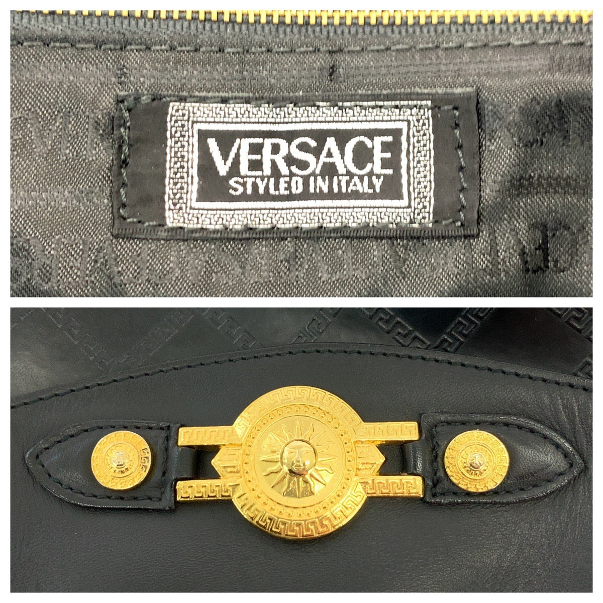 18912
VERSACE ヴェルサーチ ヴィンテージ サンバースト ブラック 黒 ゴールド金具 レザー ボストンバッグ ハンドバッグ メンズ ABP75