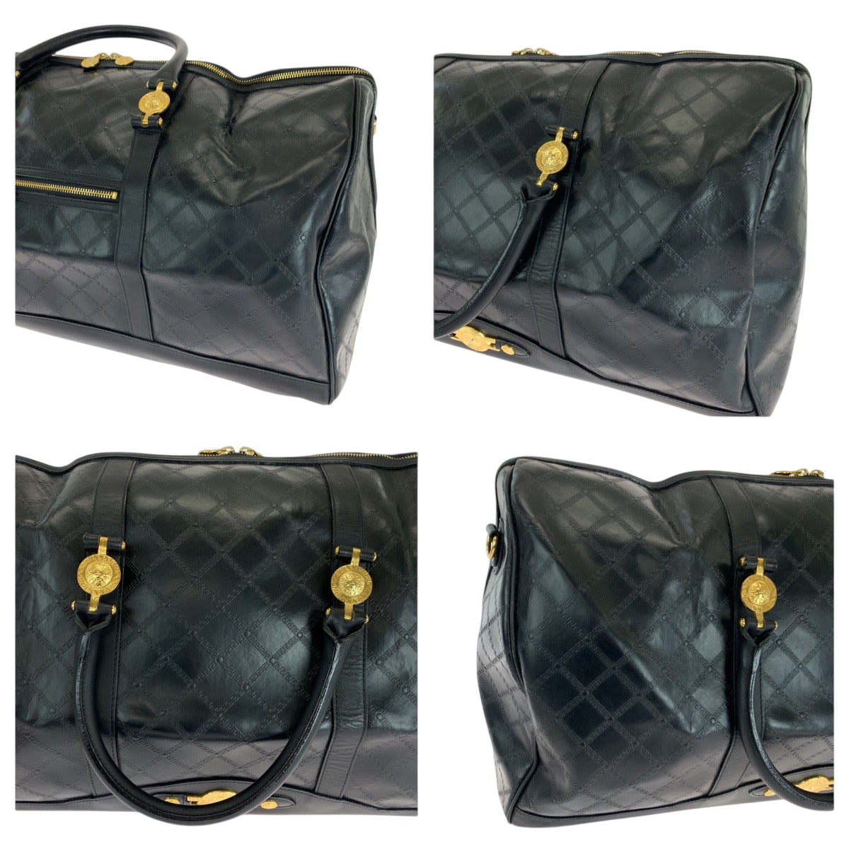 18912
VERSACE ヴェルサーチ ヴィンテージ サンバースト ブラック 黒 ゴールド金具 レザー ボストンバッグ ハンドバッグ メンズ ABP75
