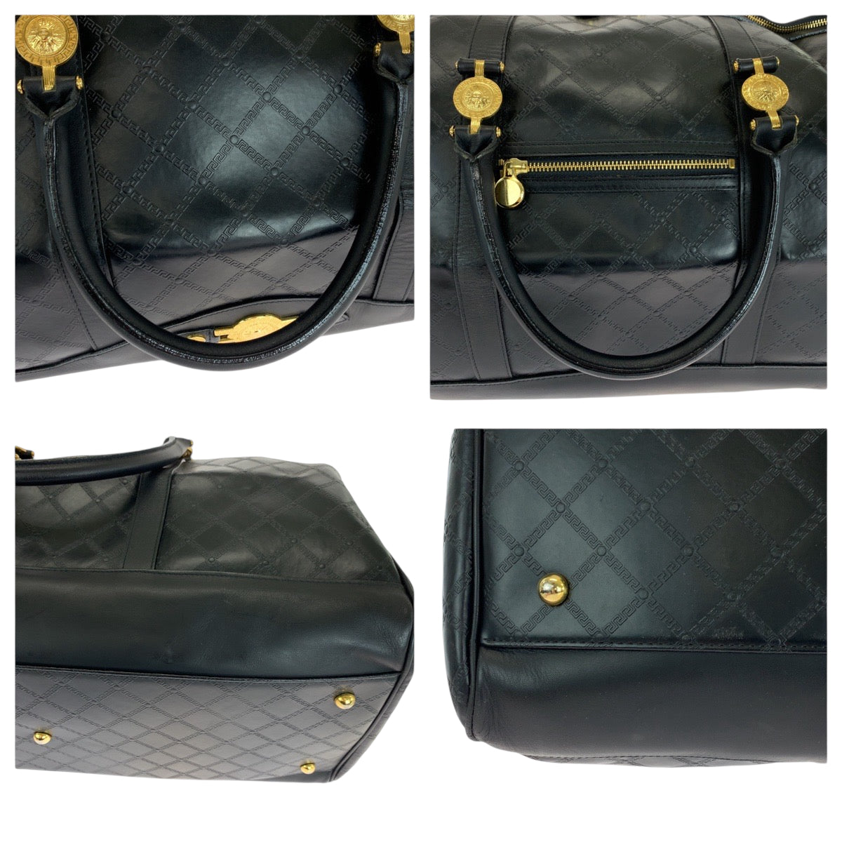 18912
VERSACE ヴェルサーチ ヴィンテージ サンバースト ブラック 黒 ゴールド金具 レザー ボストンバッグ ハンドバッグ メンズ ABP75
