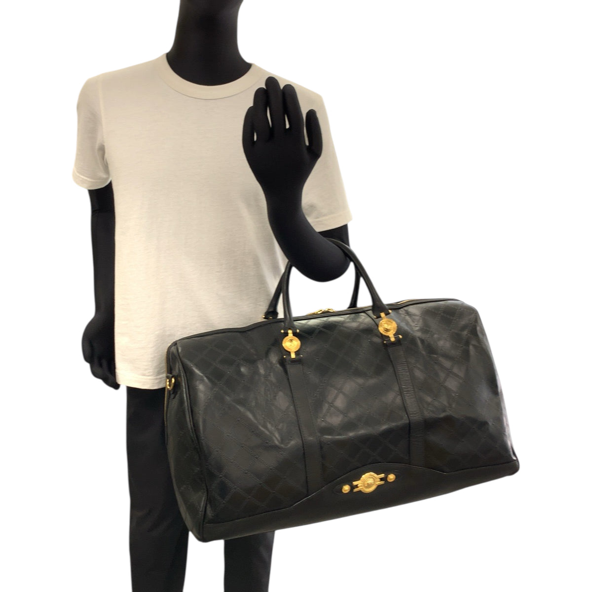 18912
VERSACE ヴェルサーチ ヴィンテージ サンバースト ブラック 黒 ゴールド金具 レザー ボストンバッグ ハンドバッグ メンズ ABP75