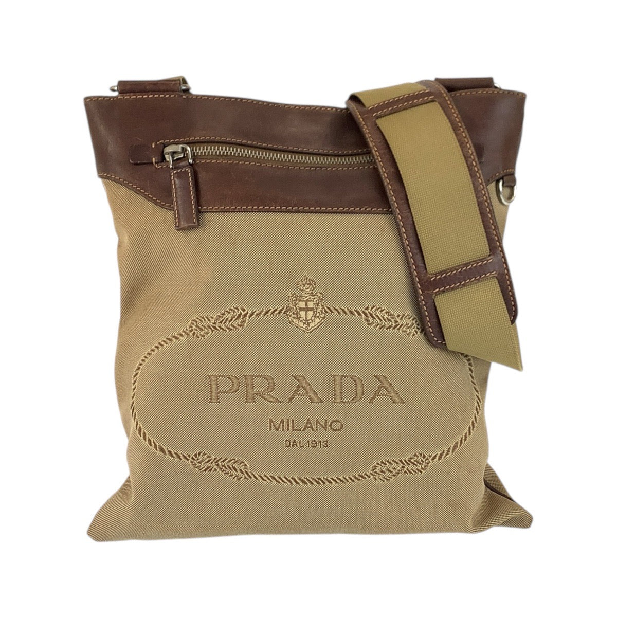 18913
PRADA プラダ ロゴジャガード ベージュ ブラウン シルバー金具 キャンバス / レザー ショルダーバッグ メッセンジャーバッグ  レディース AB27