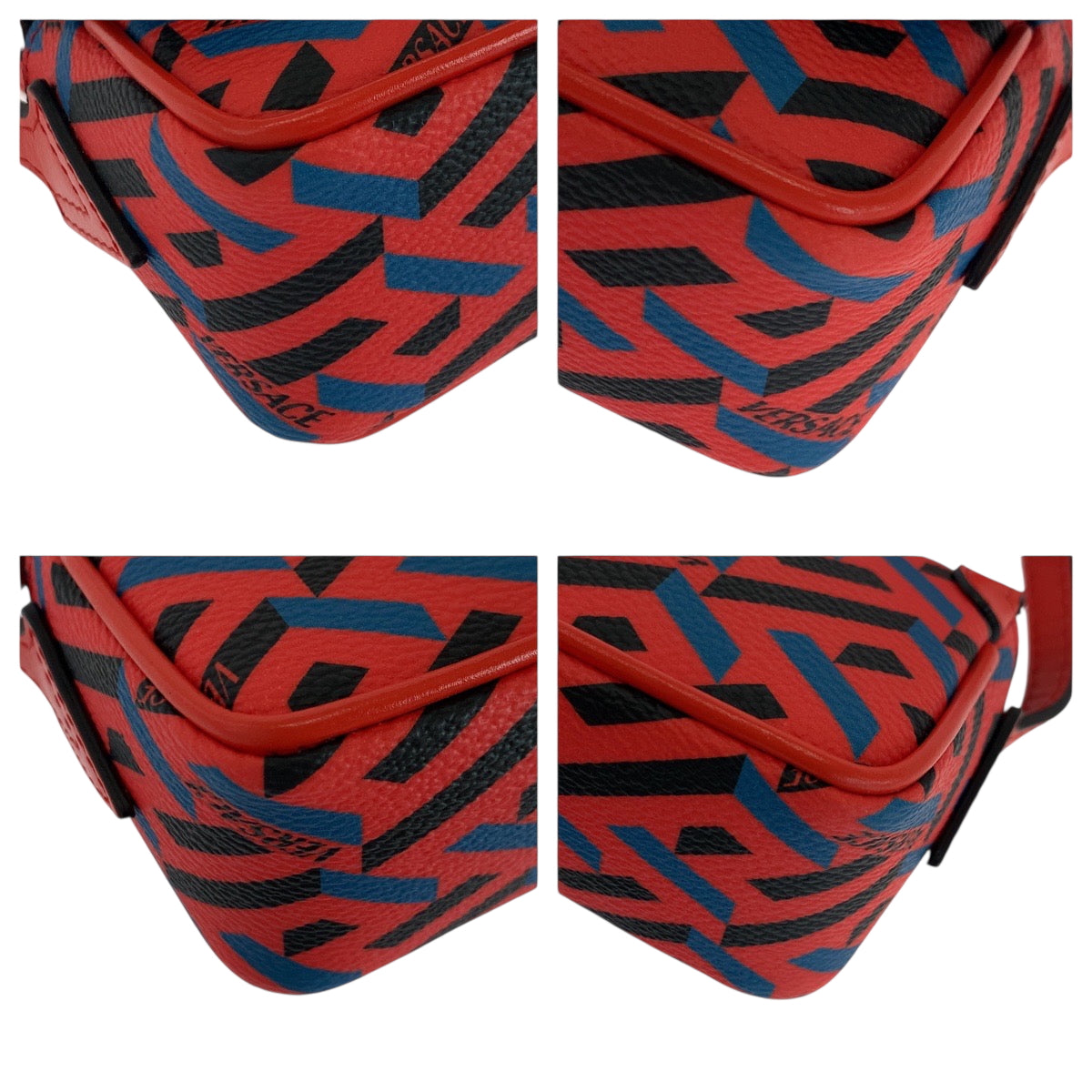 18916
VERSACE ヴェルサーチ ラグレカシグネチャー レッド ブルー ブラック ゴールド金具 レザー ショルダーバッグ ミニバッグ  レディース A27