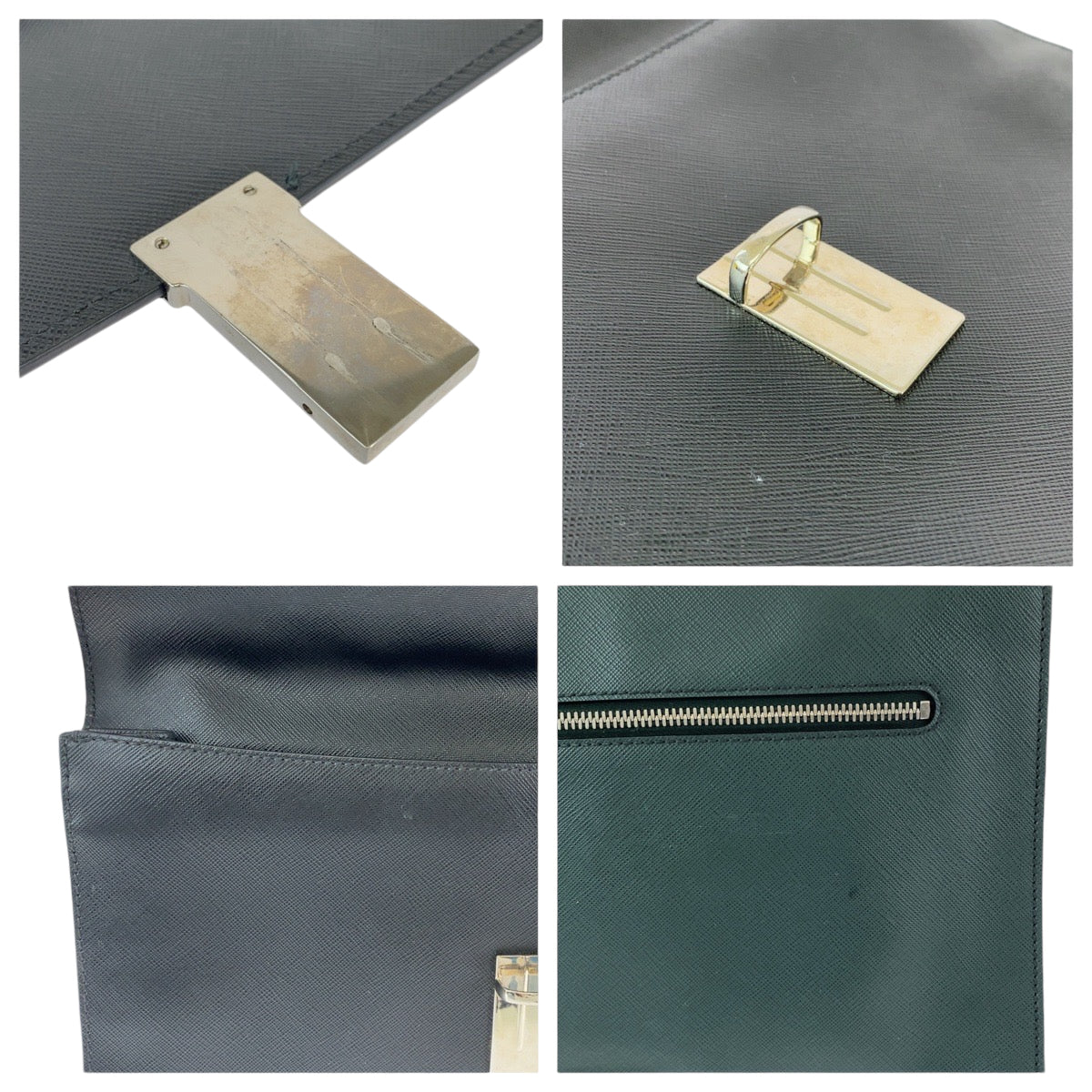 18922
PRADA プラダ サフィアーノ 三角ロゴプレート バイカラー グリーン ブラック シルバー金具 レザー VR089M クラッチバッグ ビジネスバッグ ドキュメントケース  メンズ ABP