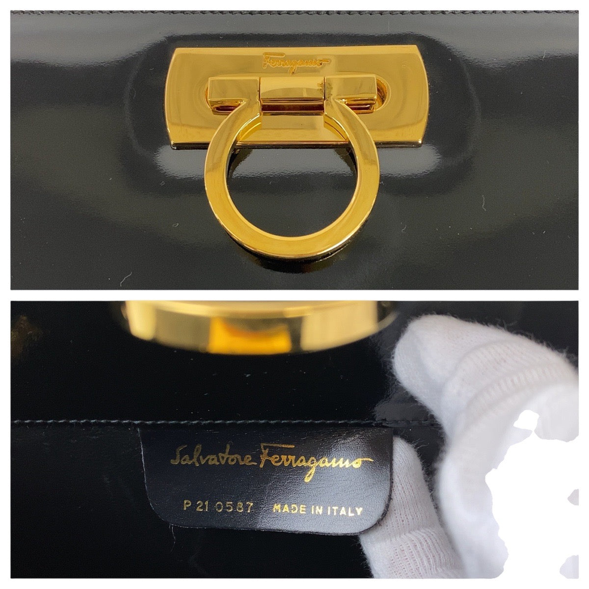 18924
Salvatore Ferragamo サルヴァトーレフェラガモ ヴィンテージ ガンチーニ ブラック 黒 ゴールド金具 パテントレザー P21 0587 ショルダーバッグ クラッチバッグ レディース ABP