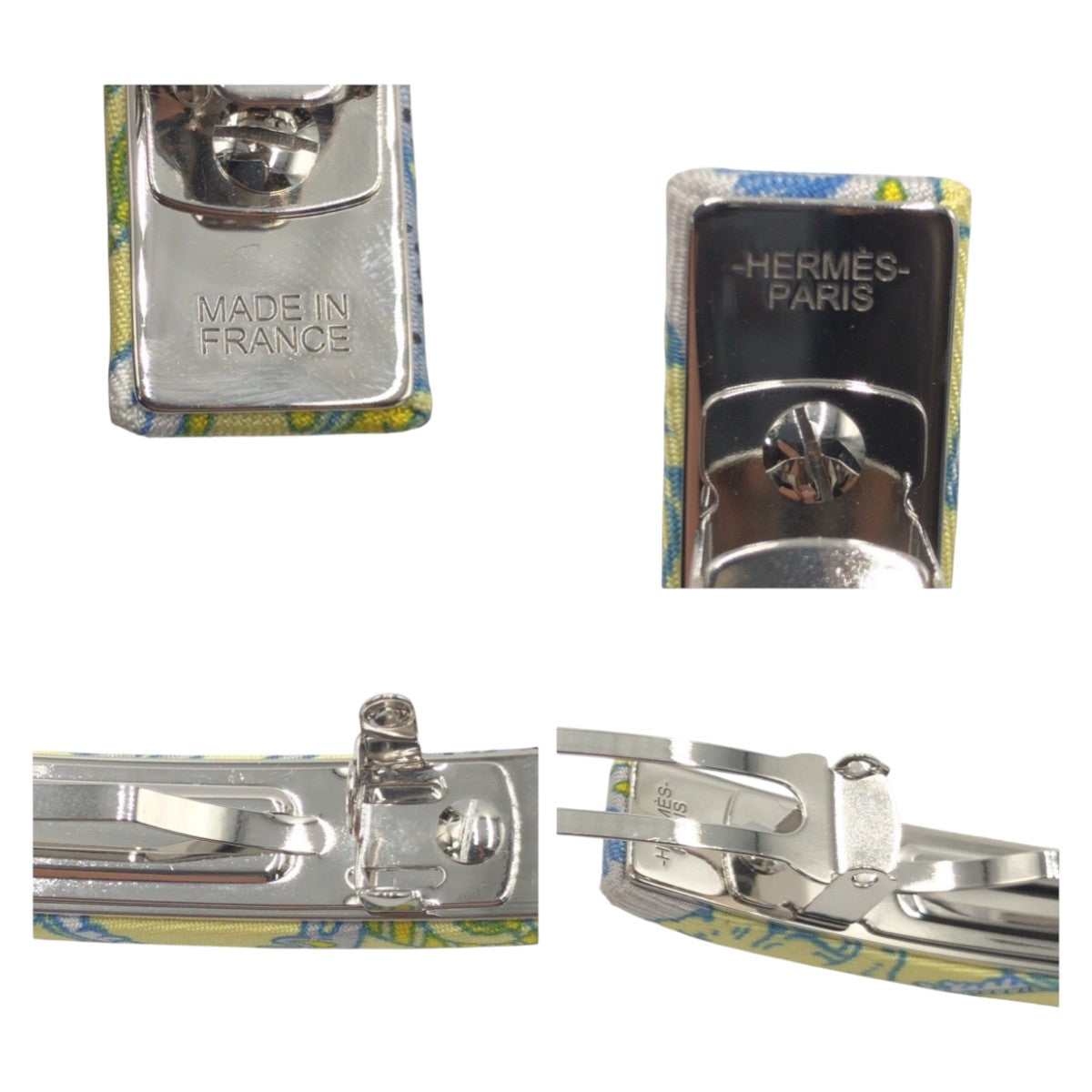 18932
HERMES エルメス イエロー 水色 シルバー金具 シルク バレッタ ヘアアクセサリー レディース SA