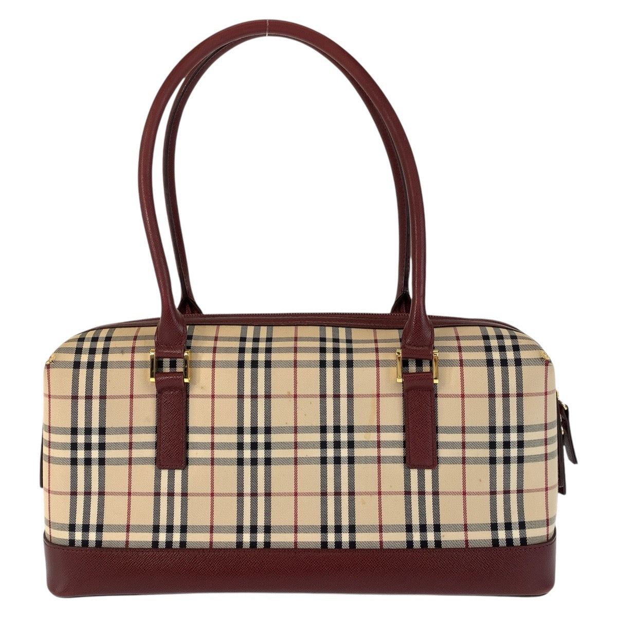 18937
BURBERRY バーバリー チェック柄 ベージュ ボルドー ゴールド金具 キャンバス / レザー ショルダーバッグ  レディース AB