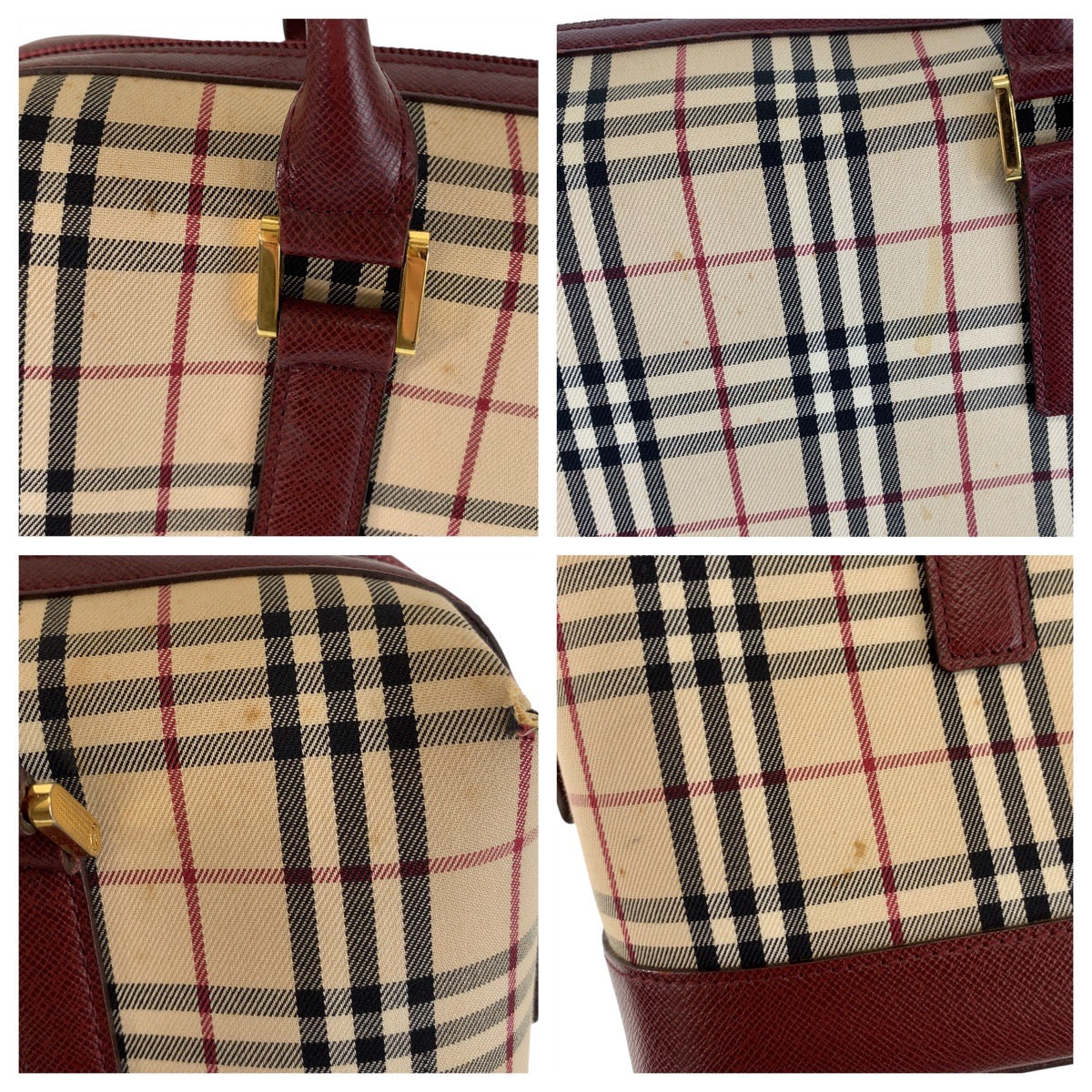 18937
BURBERRY バーバリー チェック柄 ベージュ ボルドー ゴールド金具 キャンバス / レザー ショルダーバッグ  レディース AB